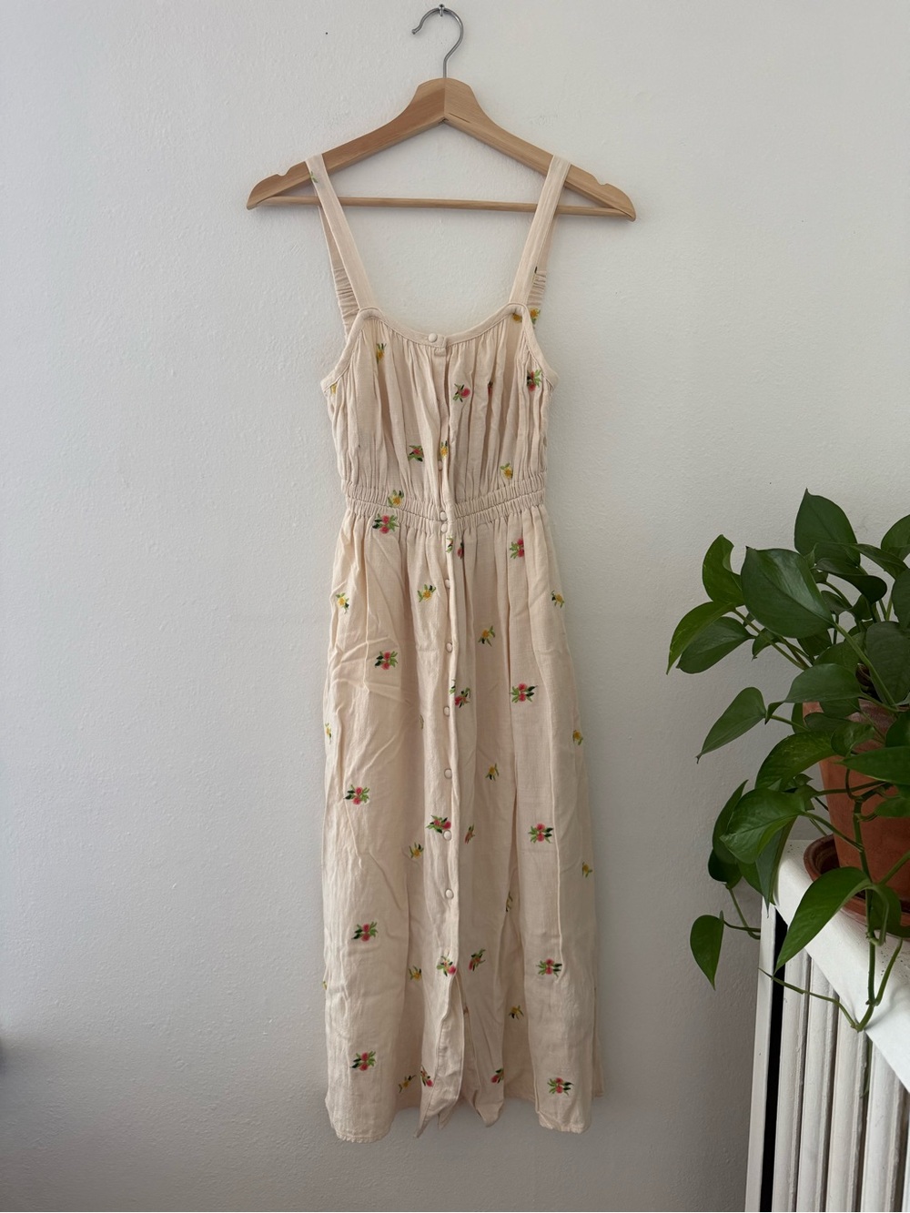 Dex Cream Maxi Dress with Red and Green Floral Embroidery